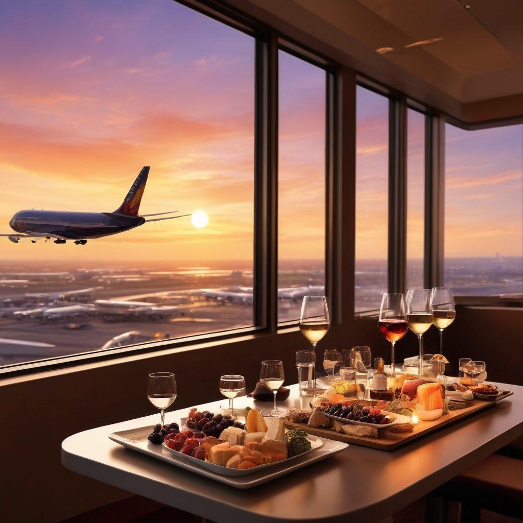 A sophisticated wine tasting setup inside an airport lounge featuring diverse wine bottles from around the world, elegantly paired with gourmet food platters. In the background, a large window showcasing airplanes taking off against a sunset sky, creating a warm and inviting atmosphere. Include subtle details like a wine connoisseur holding a glass, adding a personal touch to the scene. super-realistic. vibrant colors. warm lighting.
