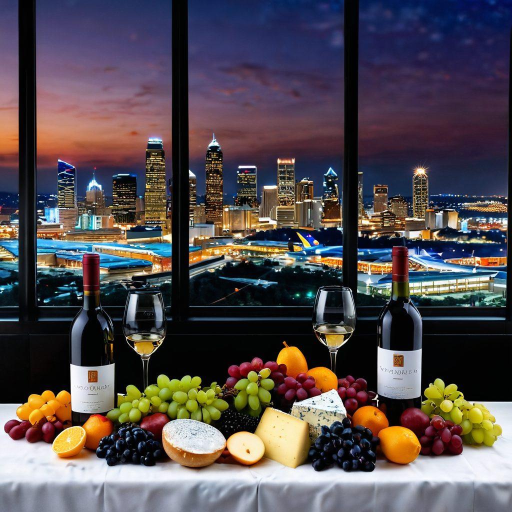 An elegant display of wine bottles and glasses nestled against a backdrop of Atlanta's skyline, featuring an airport terminal in the distance. Include a constellation of gourmet food pairings, such as cheeses and fruits, surrounding the wine. The scene should evoke a sense of luxury and adventure in wine tasting. Artistic flair with soft glowing lights to enhance the ambiance. super-realistic. vibrant colors.