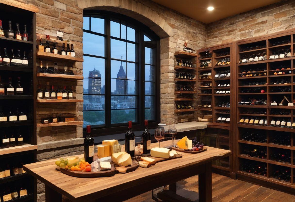A charming Atlanta wine cellar, showcasing a variety of local wines with beautifully labeled bottles against rustic wooden shelves. Include a table elegantly set with a delightful cheese board featuring local cheeses and fresh fruits, all under warm ambient lighting. The backdrop should hint at Atlanta's skyline through a large window, blending urban and rustic charm. super-realistic. vibrant colors. warm tones.